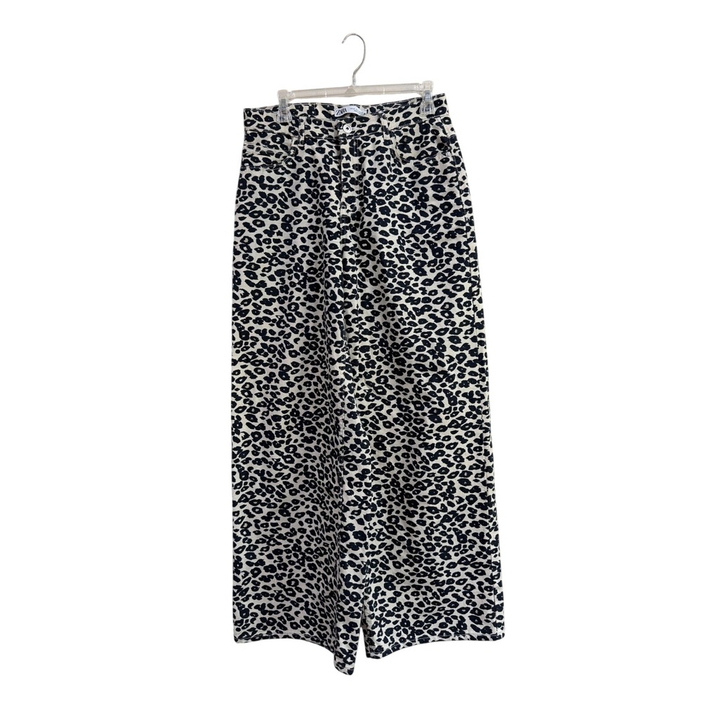 Zara Leopard Print Wide Leg Jeans High Rise Animal Print Denim Size 8 US 40 EUR